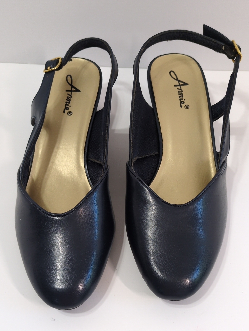 Vintage Annie Diane Navy Slingback Heels Low Block Heel Womens 9W Box